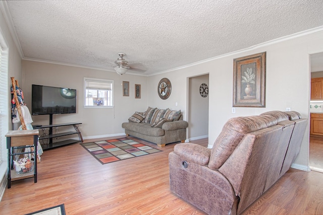 living room with ceiling fan, light hardwood / wood-style floors, ornamental molding, and a textured ceiling