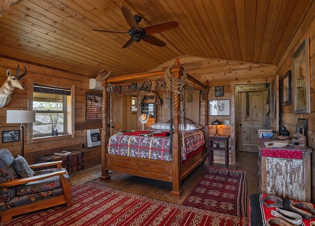 bedroom featuring wood walls, vaulted ceiling, ceiling fan, wood ceiling, and heating unit