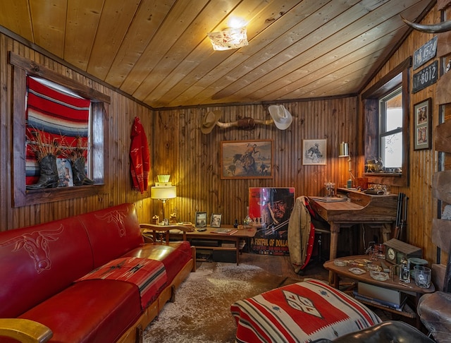 living area with carpet floors, vaulted ceiling, wooden walls, and wood ceiling