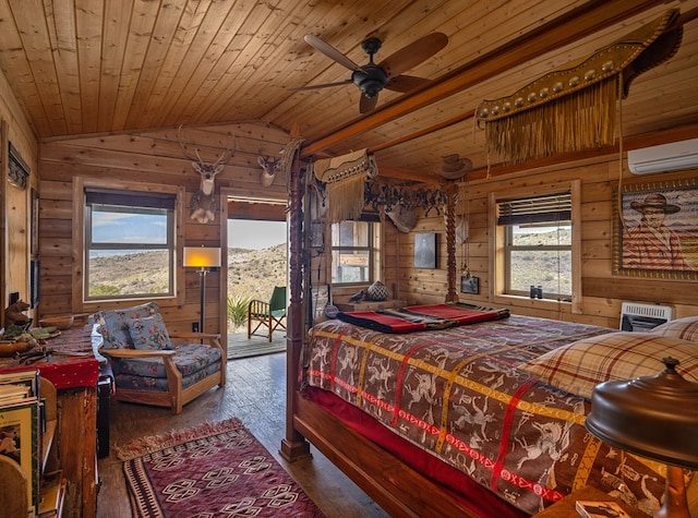 bedroom with a wall mounted air conditioner, lofted ceiling, wooden ceiling, wooden walls, and wood-type flooring