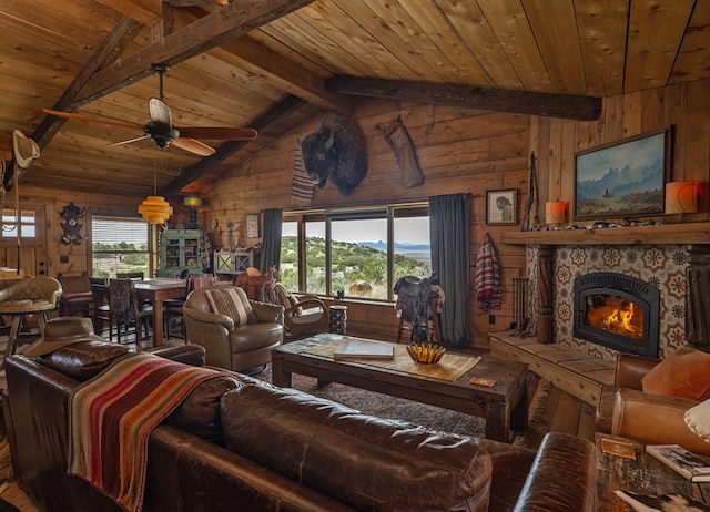 living room with wooden walls and hardwood / wood-style flooring