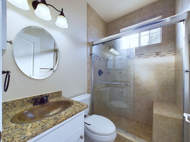 bathroom with toilet, a stall shower, and vanity