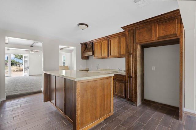 kitchen featuring a sink, visible vents, wood tiled floor, and light countertops