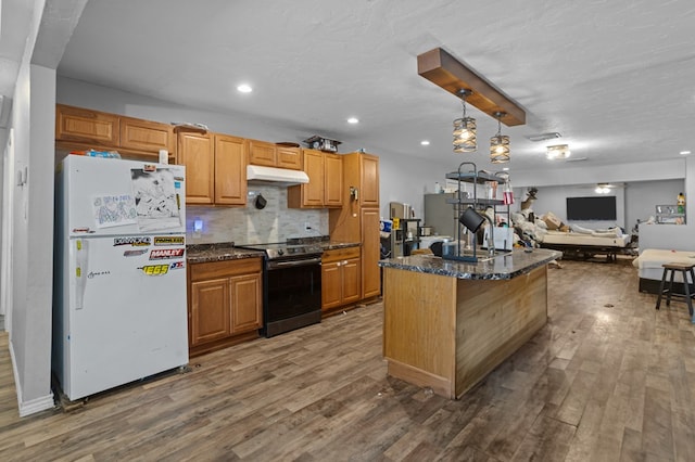 kitchen with under cabinet range hood, electric stove, wood finished floors, and freestanding refrigerator