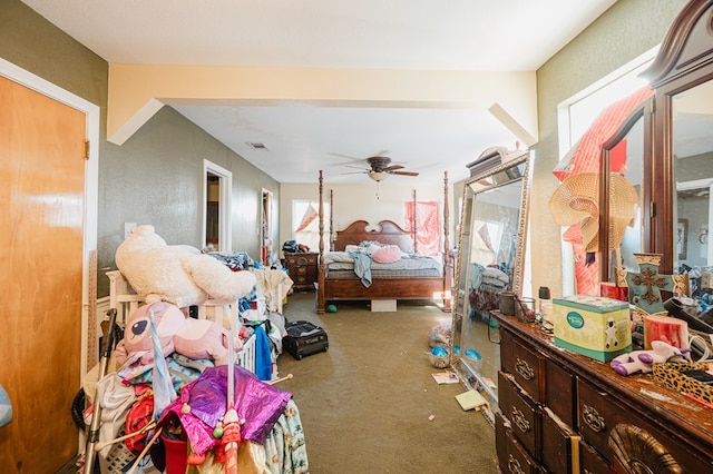 bedroom with ceiling fan and carpet flooring