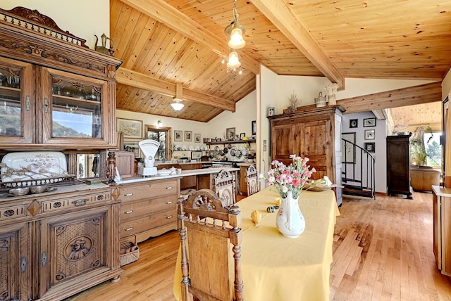 dining space with light wood-type flooring, lofted ceiling with beams, and wooden ceiling