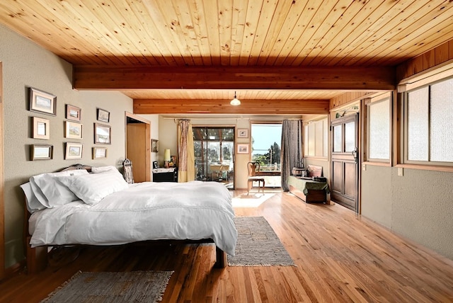 bedroom featuring hardwood / wood-style floors, wooden ceiling, and beam ceiling