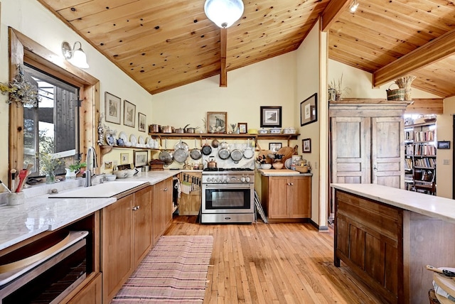 kitchen featuring vaulted ceiling with beams, light wood-type flooring, and wooden ceiling