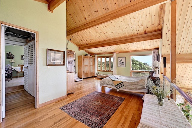 bedroom with lofted ceiling with beams, light hardwood / wood-style floors, and wood ceiling