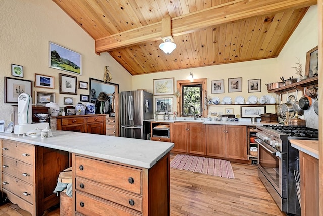 kitchen featuring wood ceiling, stainless steel appliances, sink, vaulted ceiling with beams, and light hardwood / wood-style floors