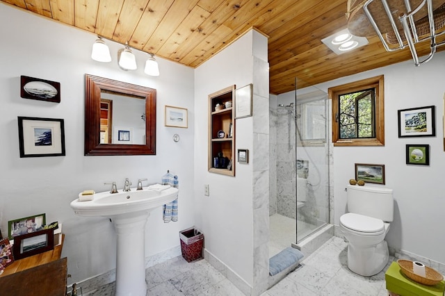 bathroom featuring wooden ceiling, toilet, and a shower with shower door