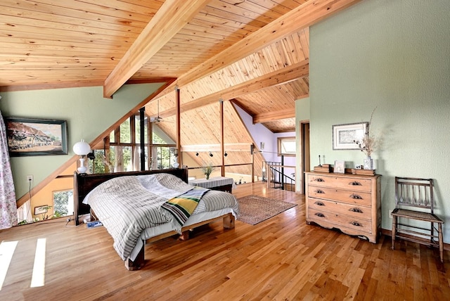 bedroom with wood ceiling, beamed ceiling, wood-type flooring, and high vaulted ceiling