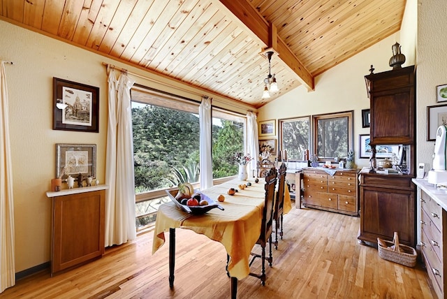 dining area featuring wood ceiling, lofted ceiling with beams, and light hardwood / wood-style floors