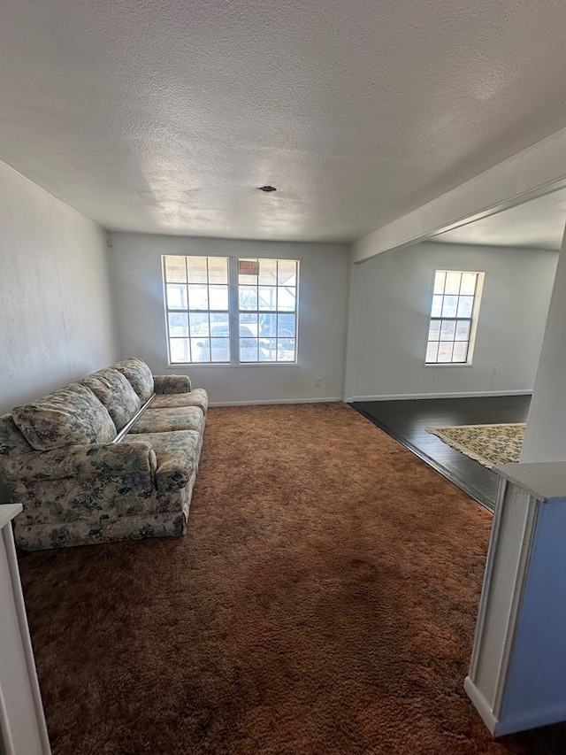 living area featuring dark carpet and a textured ceiling