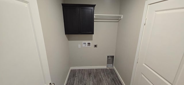 laundry area with dark wood-type flooring, baseboards, washer hookup, cabinet space, and hookup for an electric dryer