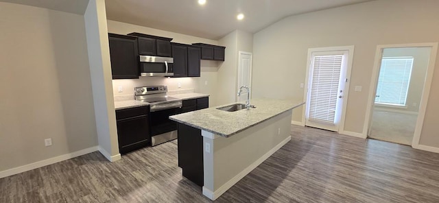 kitchen with a sink, wood finished floors, appliances with stainless steel finishes, dark cabinets, and vaulted ceiling