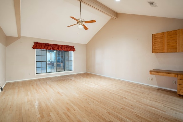 unfurnished living room with ceiling fan, beam ceiling, high vaulted ceiling, built in desk, and light wood-type flooring