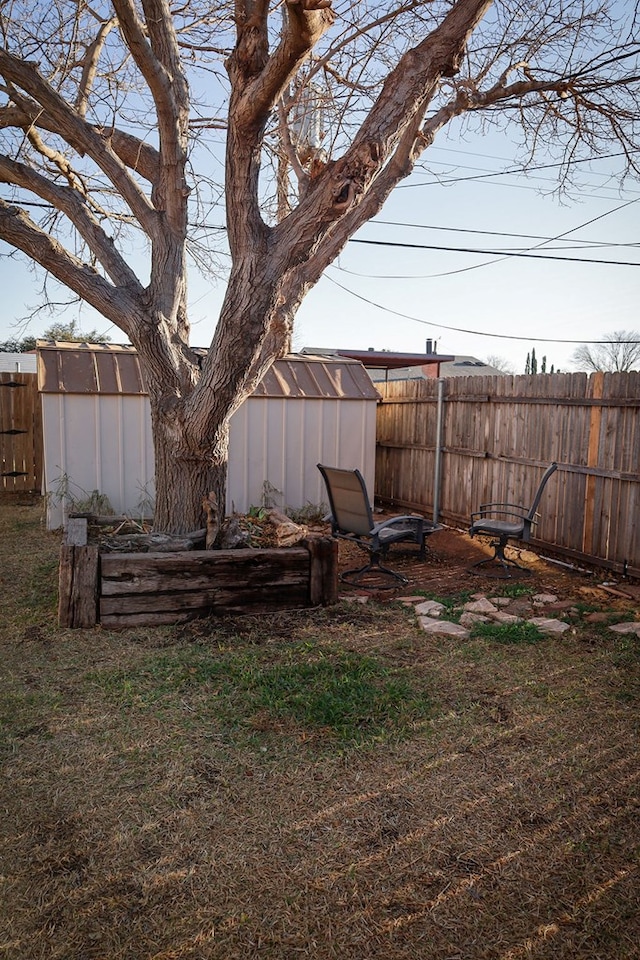 view of yard featuring a storage shed