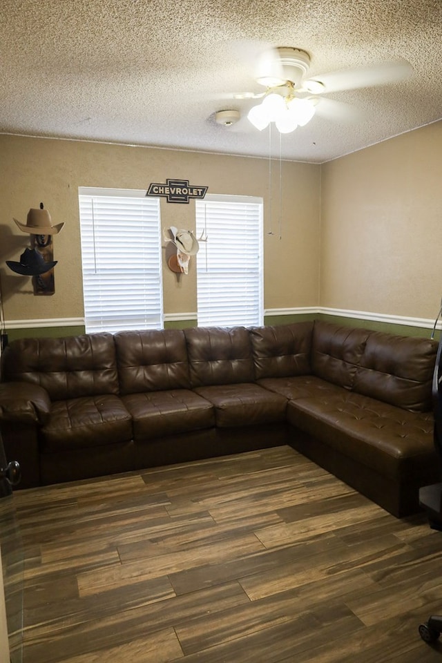 living room with dark wood-type flooring, plenty of natural light, and a textured ceiling