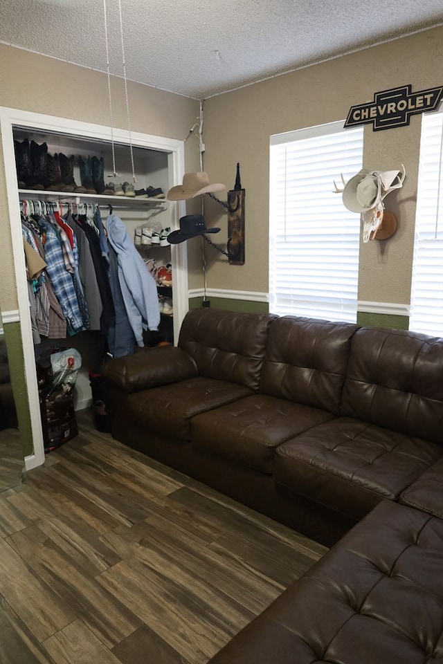 living room with dark wood-type flooring and a textured ceiling