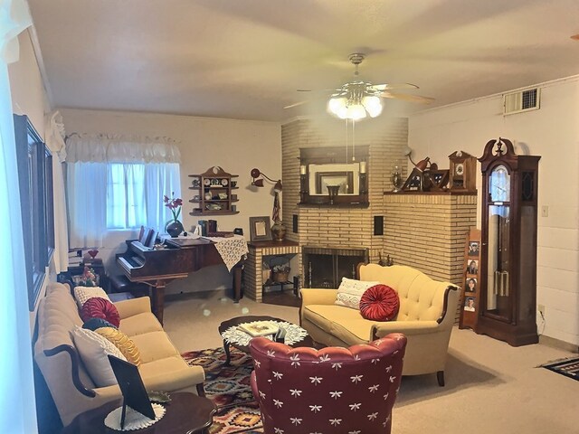 carpeted living room featuring ceiling fan and a fireplace