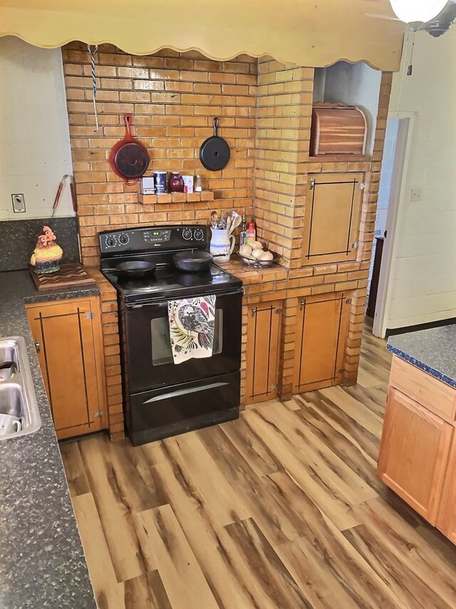 kitchen with black electric range, light hardwood / wood-style flooring, and sink