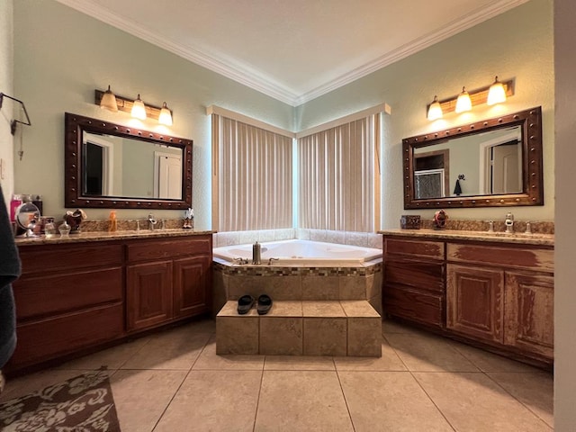 full bath featuring tile patterned flooring, a sink, two vanities, a bath, and crown molding