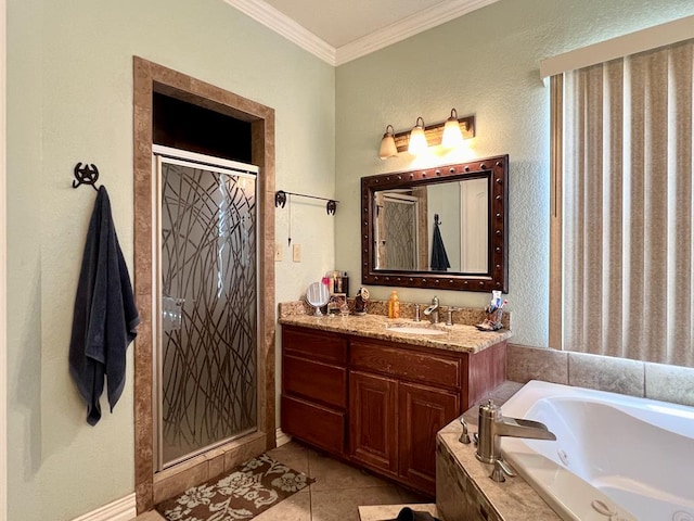 full bath featuring a jetted tub, a stall shower, crown molding, and vanity