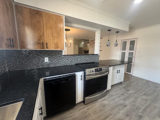 kitchen with pendant lighting, white cabinetry, dishwasher, and stainless steel electric range oven