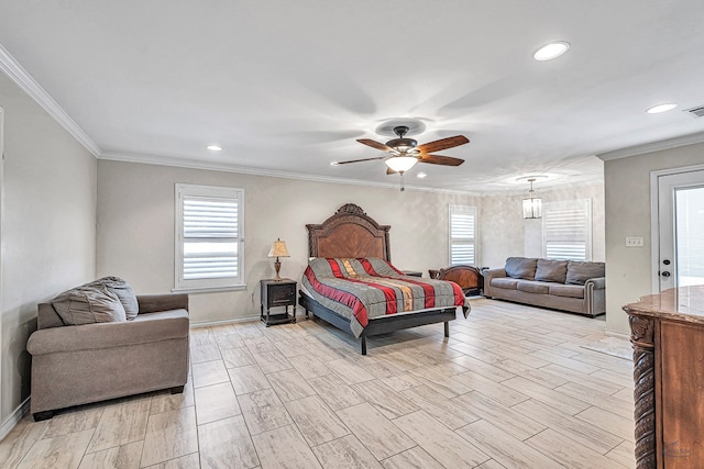 bedroom featuring ceiling fan, light hardwood / wood-style floors, and multiple windows