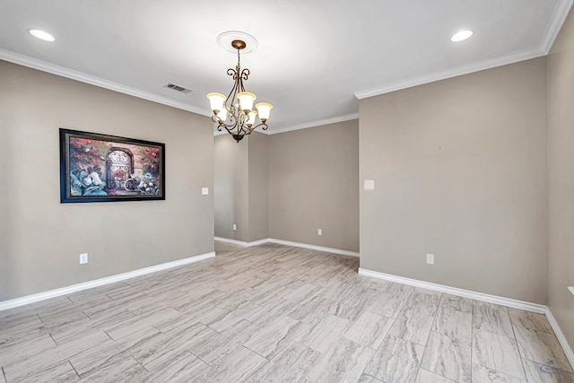 empty room featuring ornamental molding and a chandelier