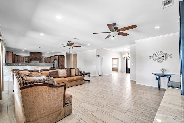 living room with crown molding and ceiling fan with notable chandelier