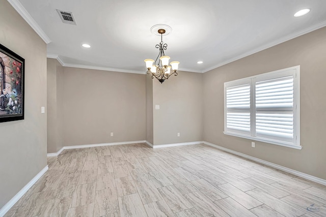 unfurnished room with light wood-type flooring, crown molding, and a chandelier