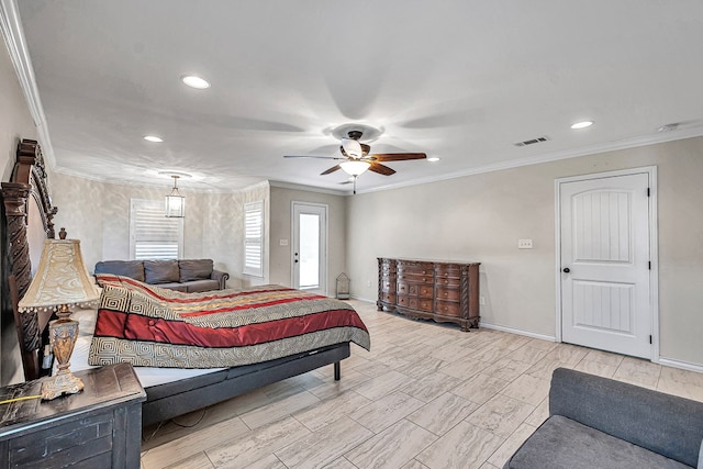 bedroom with ceiling fan and crown molding