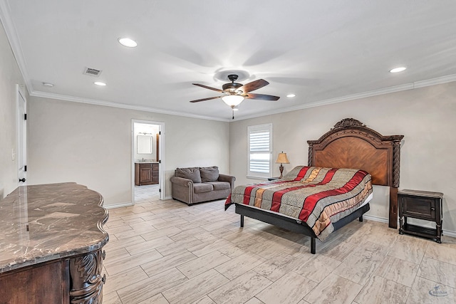 bedroom featuring ceiling fan, ornamental molding, and ensuite bath