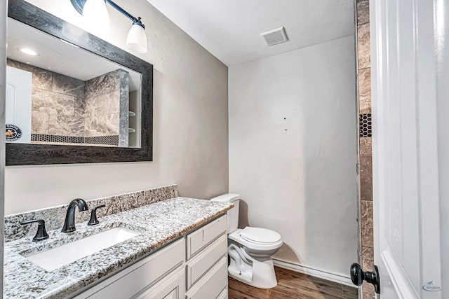 bathroom with vanity, wood-type flooring, and toilet