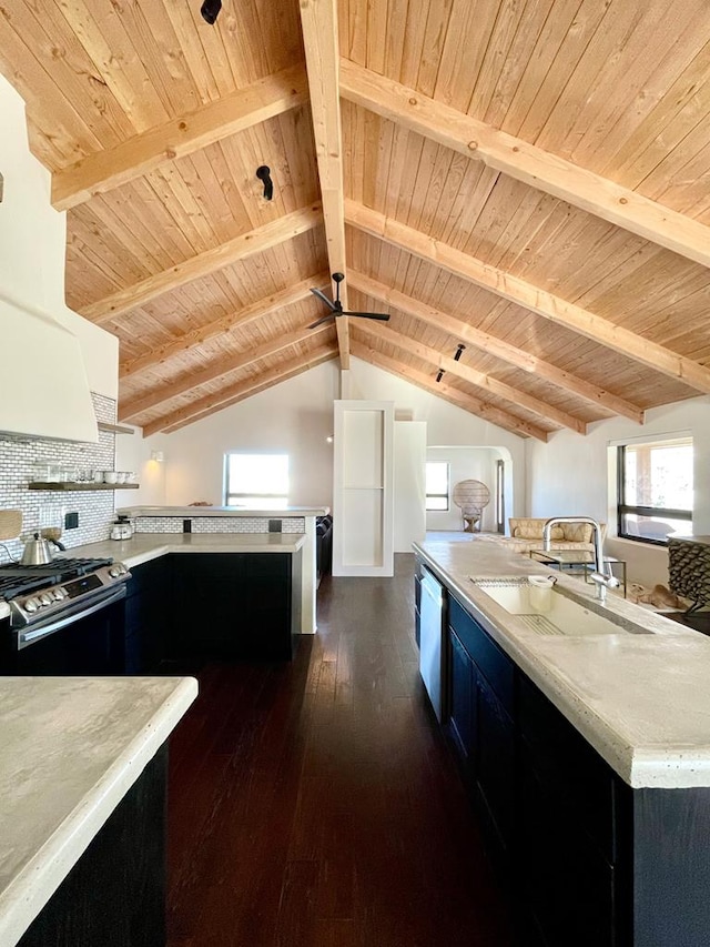 kitchen featuring dishwashing machine, gas stove, dark wood finished floors, a sink, and decorative backsplash