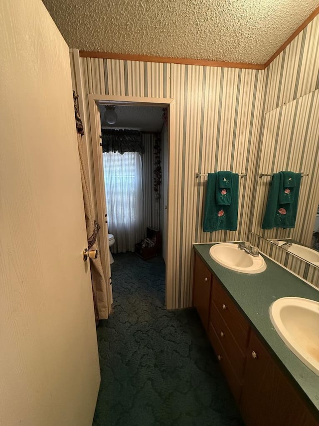 bathroom featuring vanity, a textured ceiling, and toilet