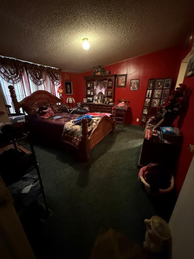 carpeted bedroom with a textured ceiling