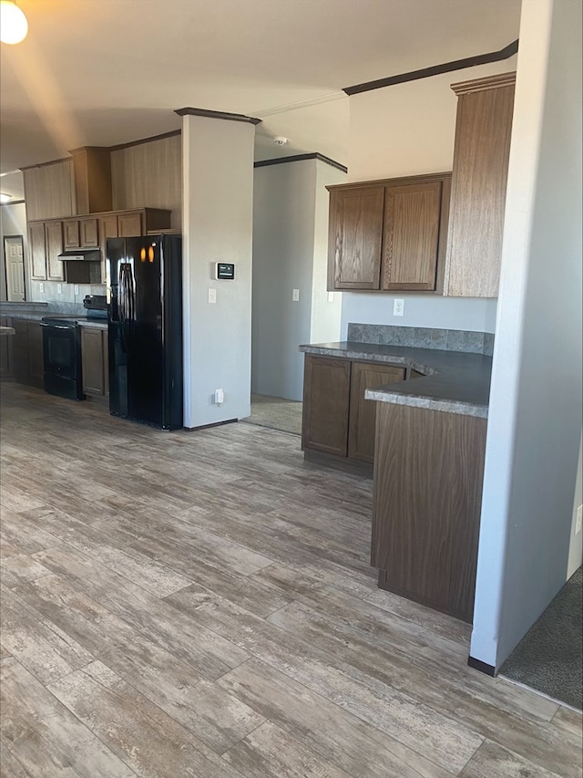 kitchen featuring light wood-type flooring and black appliances