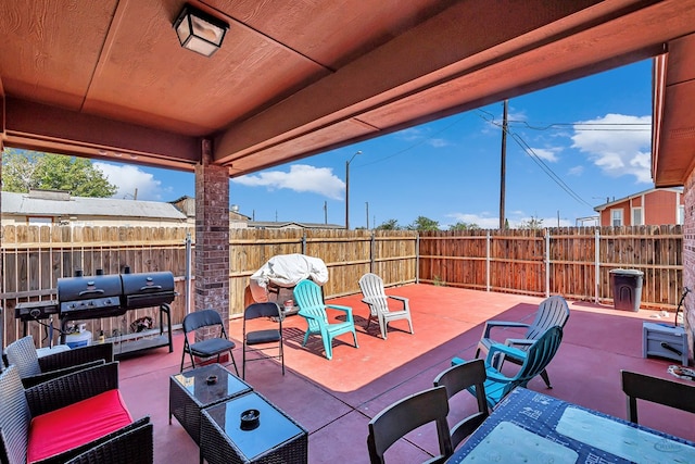 view of patio featuring a fenced backyard and grilling area