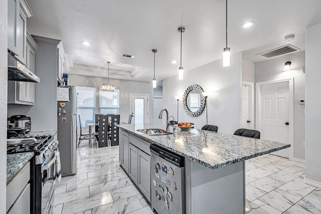 kitchen with marble finish floor, visible vents, appliances with stainless steel finishes, and a sink