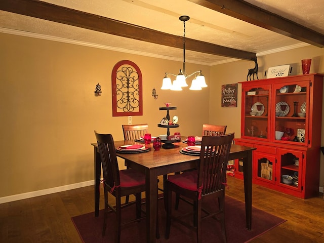 dining area featuring baseboards, beam ceiling, dark wood-style flooring, crown molding, and a notable chandelier