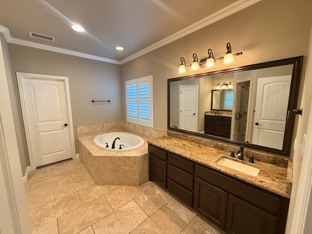 full bath featuring visible vents, crown molding, vanity, a shower stall, and a bath