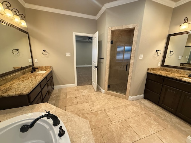 full bathroom with baseboards, ornamental molding, a sink, and a shower stall