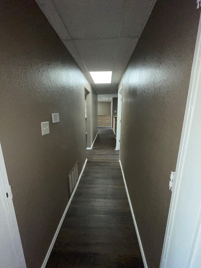 hallway with a drop ceiling and dark wood-type flooring