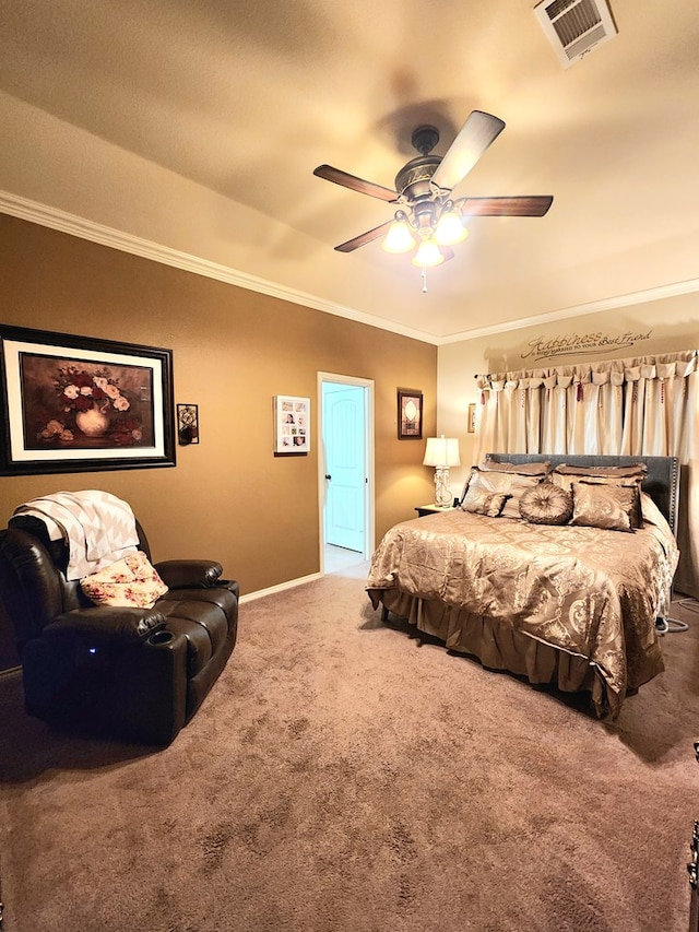 carpeted bedroom featuring crown molding and ceiling fan