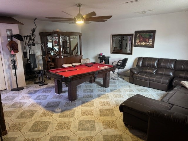 game room featuring ceiling fan and pool table