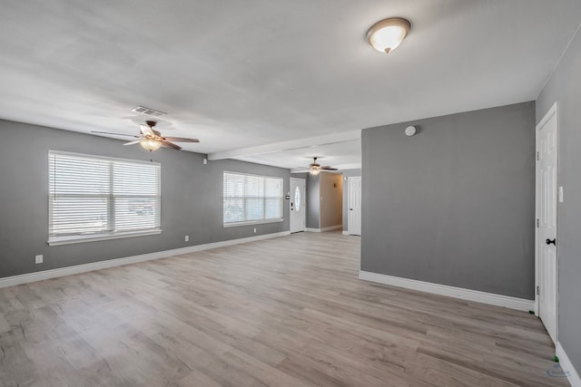 empty room featuring light wood-type flooring, baseboards, visible vents, and ceiling fan