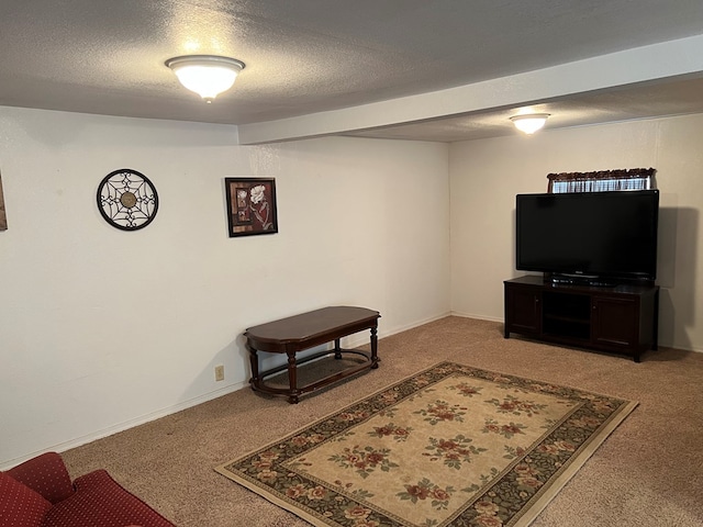 living room featuring carpet and a textured ceiling